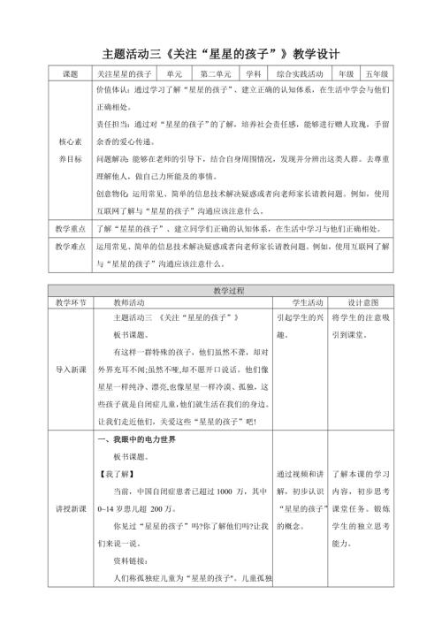 蘇少版五年級下冊綜合實踐活動2.4《關注“星星的孩子”》教案.doc