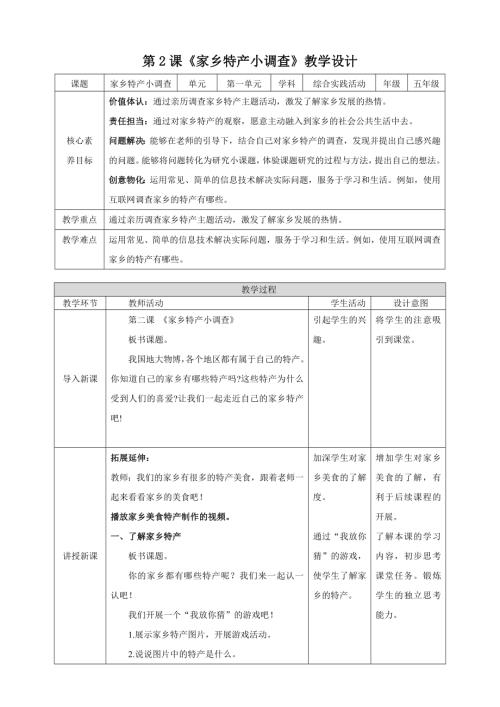 蘇少版五年級下冊綜合實踐活動1.2《家鄉特產小調查》教案.doc