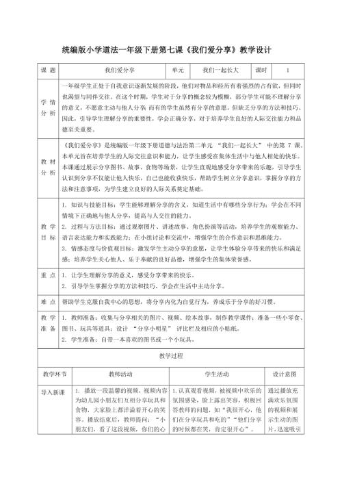 新部編版一年級下冊道德與法治第7課我們愛分享教學(xué)設(shè)計(jì).docx
