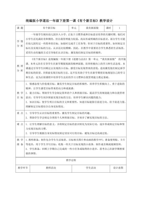 新部編版一年級下冊道德與法治第1課有個(gè)新目標(biāo)教學(xué)設(shè)計(jì).docx