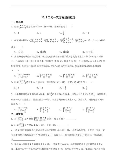 25春蘇科版七年級下冊數學10.2二元一次方程組的概念（含答案）.docx