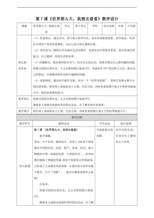 內(nèi)蒙古版六下綜合實踐第二單元第7課世界那么大我想去看看教案.doc