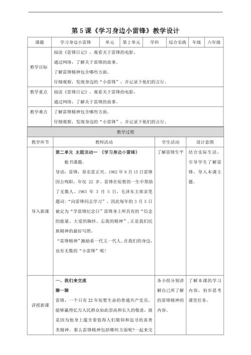 內蒙古版六下綜合實踐第二單元主題活動一學習身邊小雷鋒教案.doc