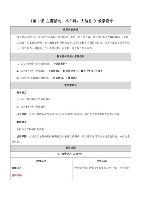 贛科版四年級下冊信息科技第5課主題活動：小車牌大信息教學設計.docx