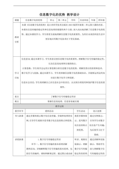 贛科版四年級下冊信息科技第6課信息數字化的優勢教案.doc