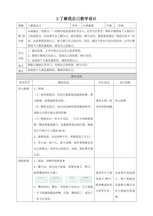 【北師大版】心理健康二年級上冊 第2課 了解我自己 教學設計.doc