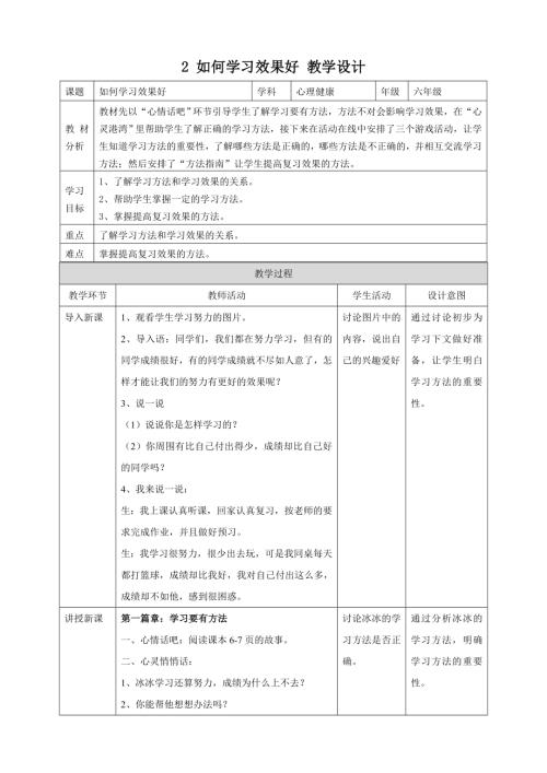 北師大版六年級上冊心理健康2 如何學習效果好 教學設計.doc