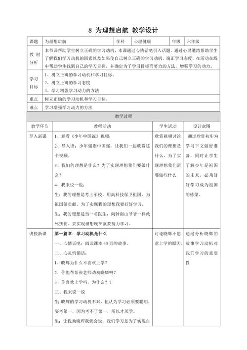 北師大版六年級上冊心理健康9 為理想啟航 教學設計.doc