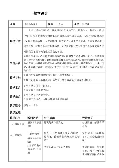 小學音樂教學設計-八年級-舉杯祝福教學設計.doc
