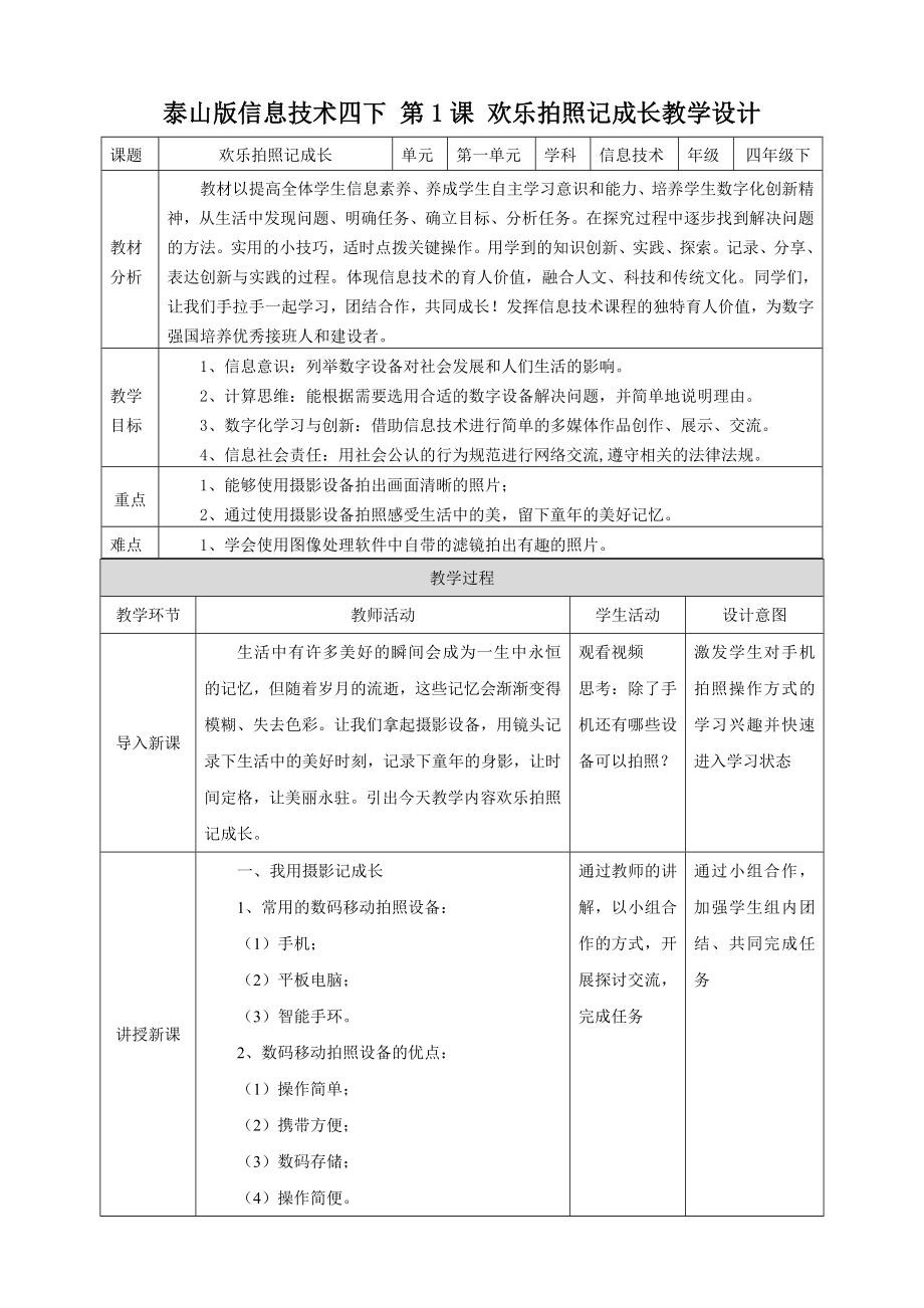 泰山版第四冊信息技術第1課《歡樂拍照記成長》課件+教案+素材.rar