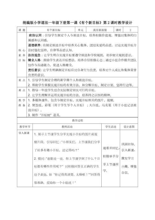部編版一年級(jí)下道德與法治【核心素養(yǎng)】1.1有個(gè)新目標(biāo) 第二課時(shí) 教案.docx