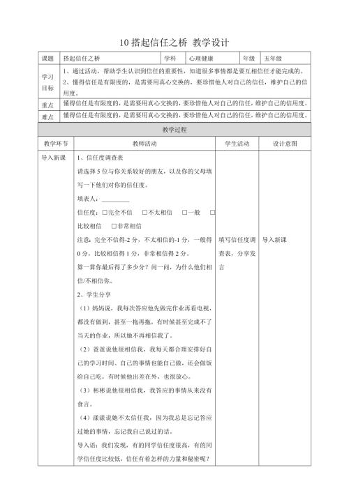 教科版五年級下冊心理健康10搭起信任之橋教學設(shè)計.doc
