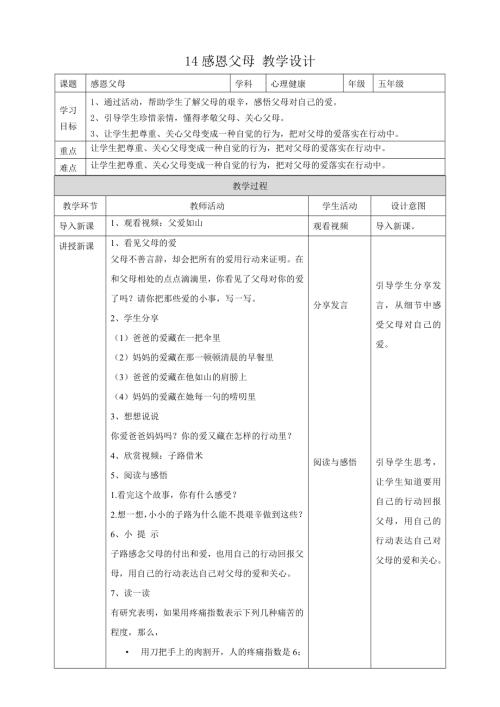 教科版五年級下冊心理健康14感恩父母教學設計.doc