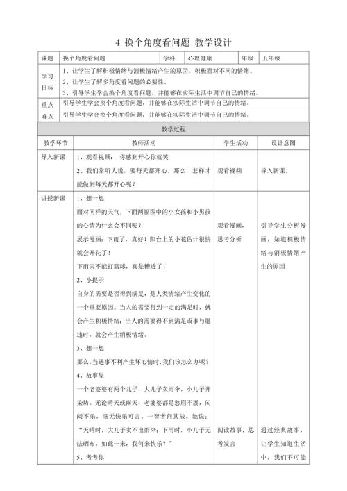 教科版五年級下冊心理健康4《換個(gè)角度看問題》教學(xué)設(shè)計(jì).doc