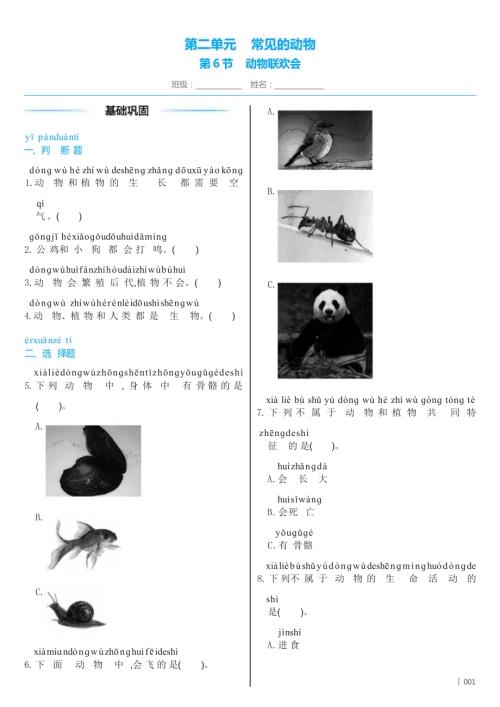 教科版（2024）科學一年級下冊2 .6 動物聯歡會 同步練習（含答案）.docx