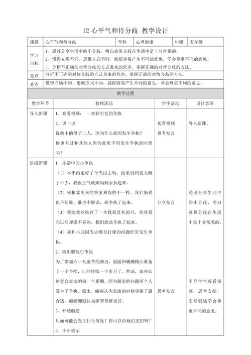 教科版五年級下冊心理健康12《心平氣和待分歧》教學設計.doc