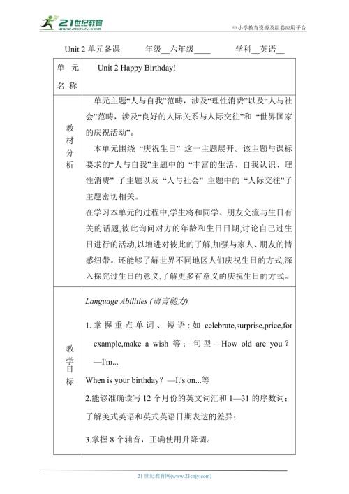 魯教版（五四制）六年級下學(xué)期英語Unit2 Happy Birthday! 單元整體教學(xué)分析+課時教案（3課時）.docx