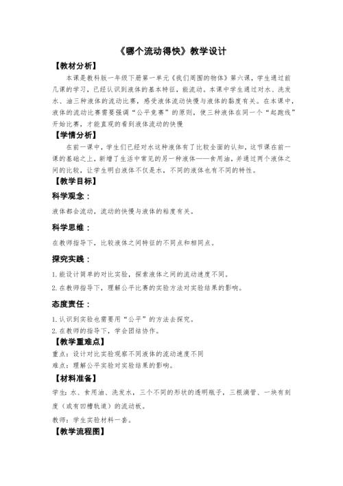 2025新教科版一年級下冊科學《哪個流動得快》教學設計.docx