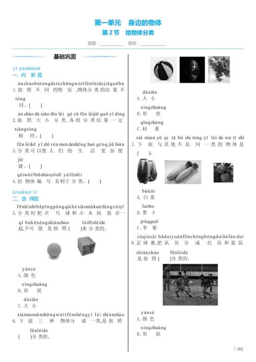教科版（2024）科學一年級下冊1 .2 給物體分類 同步練習（含答案）.docx