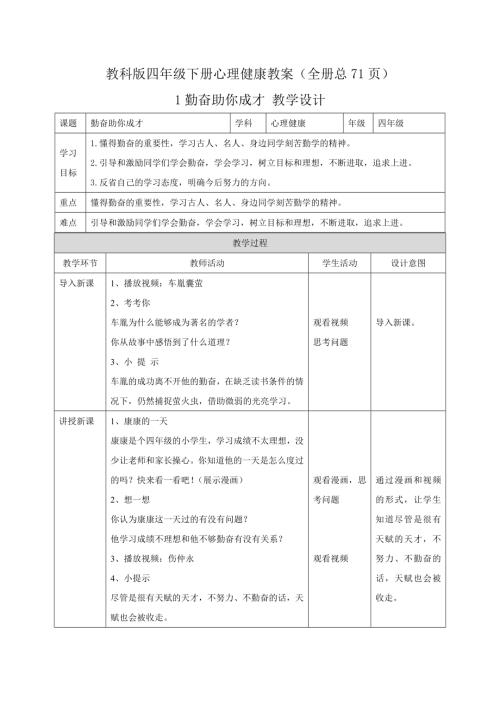 教科版四年級下冊心理健康教案（全冊教學設計總71頁）.docx