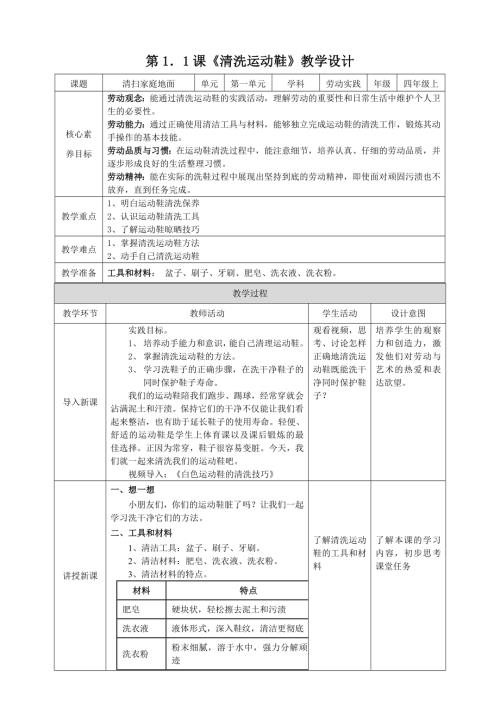 湘教版四年級(jí)上勞動(dòng)實(shí)踐指導(dǎo)專題1第1課《清洗運(yùn)動(dòng)鞋》教案.doc