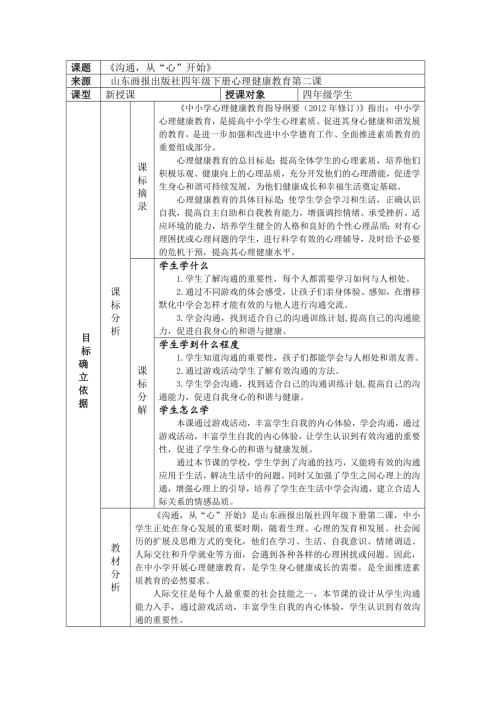 魯畫版四年級下冊心理健康2.溝通從心開始-教學設計-任老師.doc