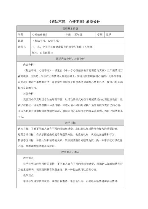 魯畫版五年級上心理健康6《想法不同心情不同》教學設計（徐老師）.doc