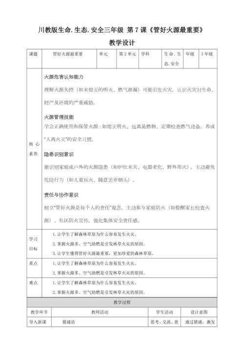 川教版三年級(jí)下生命生態(tài)安全第07課《管好火源最重要》教案.doc