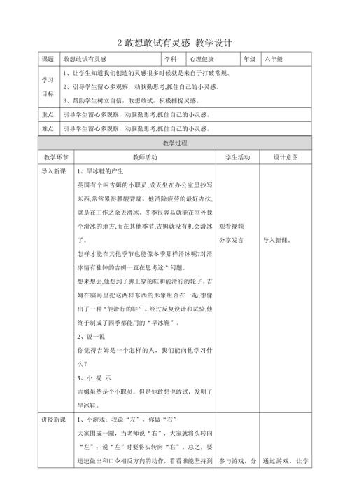 教科版六年級下冊心理健康02敢想敢試有靈感 教學設計.doc