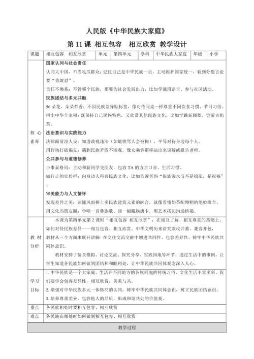 人民版《中華民族大家庭》第11課 相互包容相互欣賞 核心素養教案+反思.doc