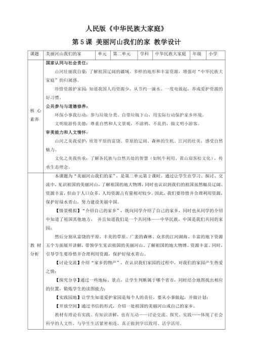人民版《中華民族大家庭》第5課 美麗河山我們的家 核心素養教案+反思.doc
