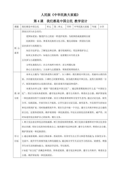 人民版中華民族大家庭第4課我們都是中國公民核心素養教案+反思.doc