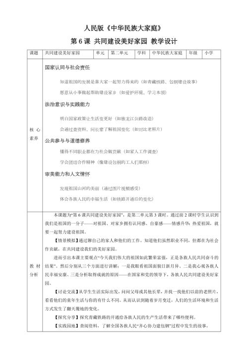 人民版中華民族大家庭第6課共同建設美好家園核心素養教案+反思.doc