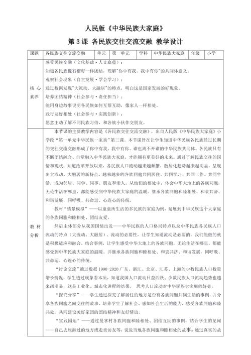 人民版中華民族大家庭第3課各民族交往交流交融核心素養教案+反思.doc