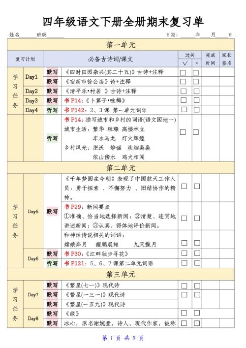人教部編版四年級語文下冊期末復習單.pdf