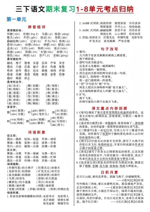 人教部編版三年級下冊丨語文 期末復(fù)習(xí)專項 1-8單元考點歸納超簡版（適合臨時抱佛腳）.pdf