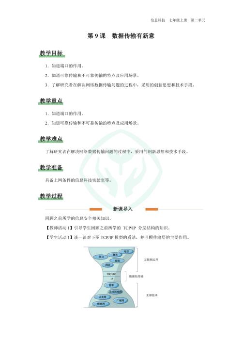義務(wù)教育版七年級(jí)信息科技第9課 數(shù)據(jù)傳輸有新意 教學(xué)設(shè)計(jì).docx