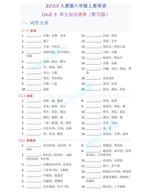 2025秋人教版八年級上冊英語單元知識清單Unit 3 默寫版.pdf