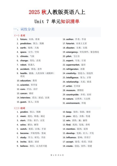 2025秋人教版八年級上冊英語單元知識清單Unit 7 教師版.pdf