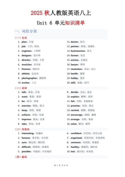 2025秋人教版八年級上冊英語單元知識清單Unit 6 教師版.pdf