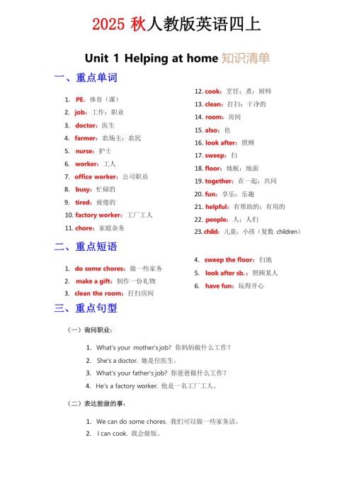2025秋人教PEP版四年級(jí)上冊(cè)英語知識(shí)清單 Unit 1 教師版.docx