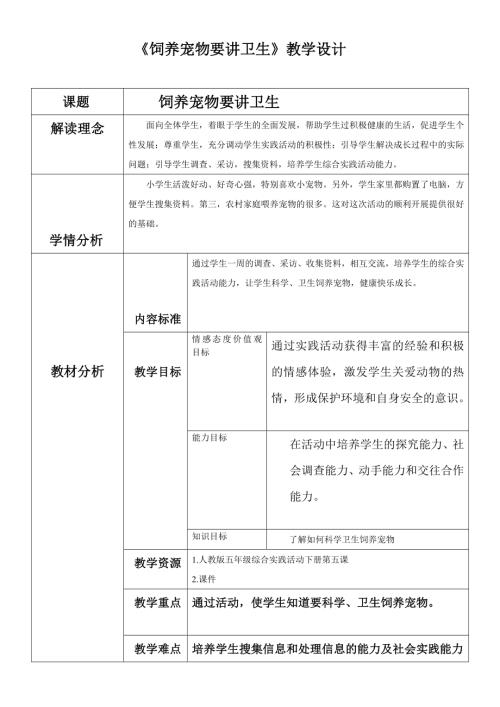 小學綜合實踐活動公開課：飼養動物要講衛生-孫-教案教學設計5004.doc